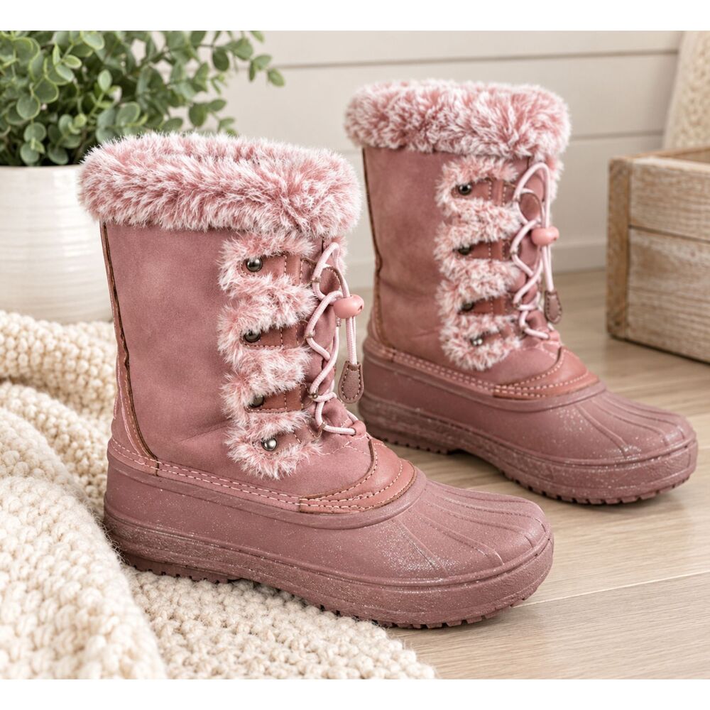 London Fog Pink Faux Fur Suede Winter Boots Girls Size 4 Cabincore Cozy Outdoor
